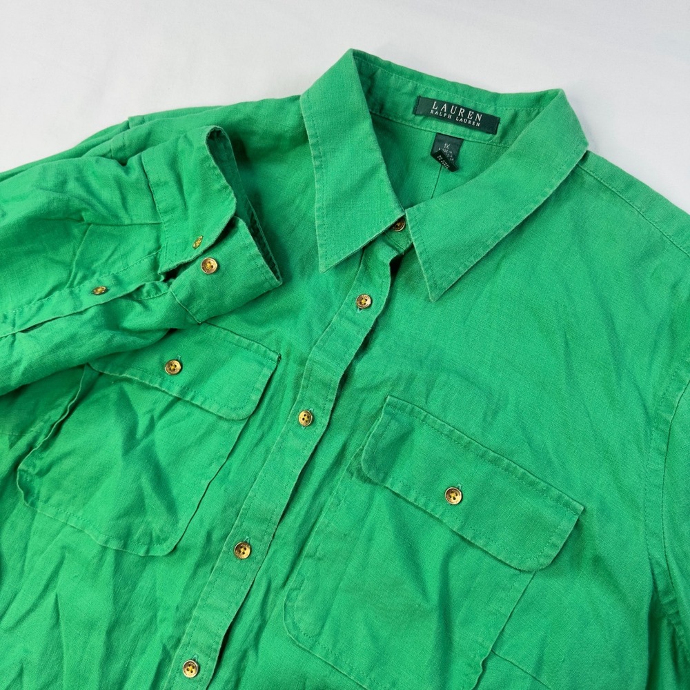 Lauren Ralph Lauren Shirt Womens 100% Linen 1x Green Roll-Tab Sleeve Button Down